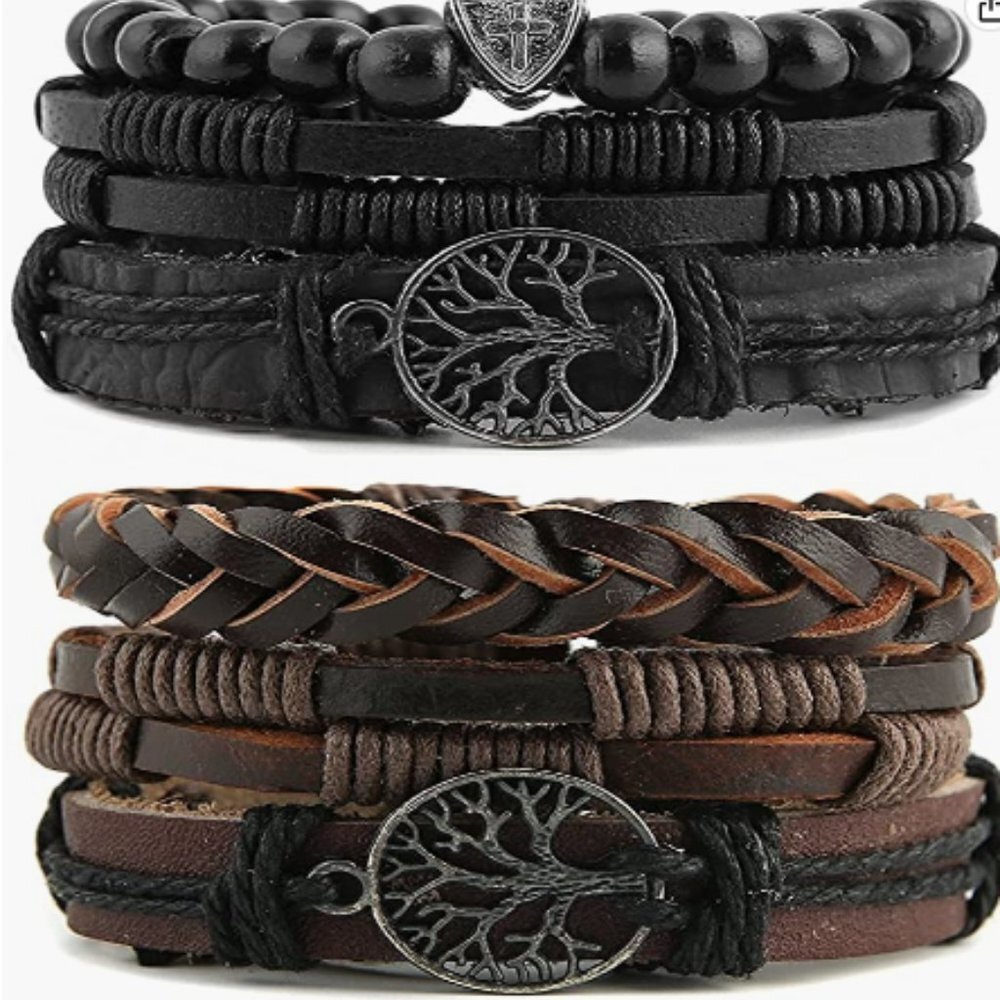 Mens Genuine Leather Tree of Life Bracelets Tiger Eye Natural Stone